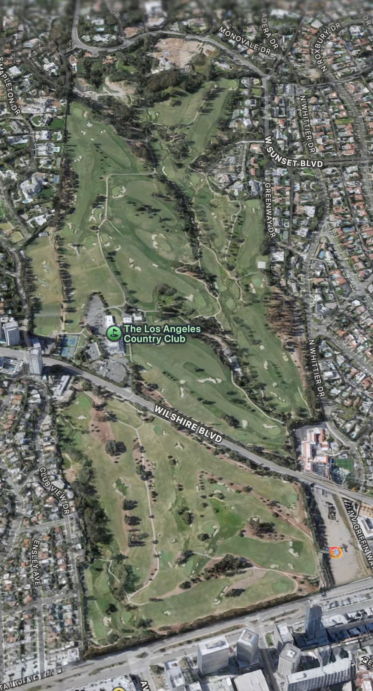 Aerial view of the Los Angeles Country Club North Course and surrounding Beverly Hills residences