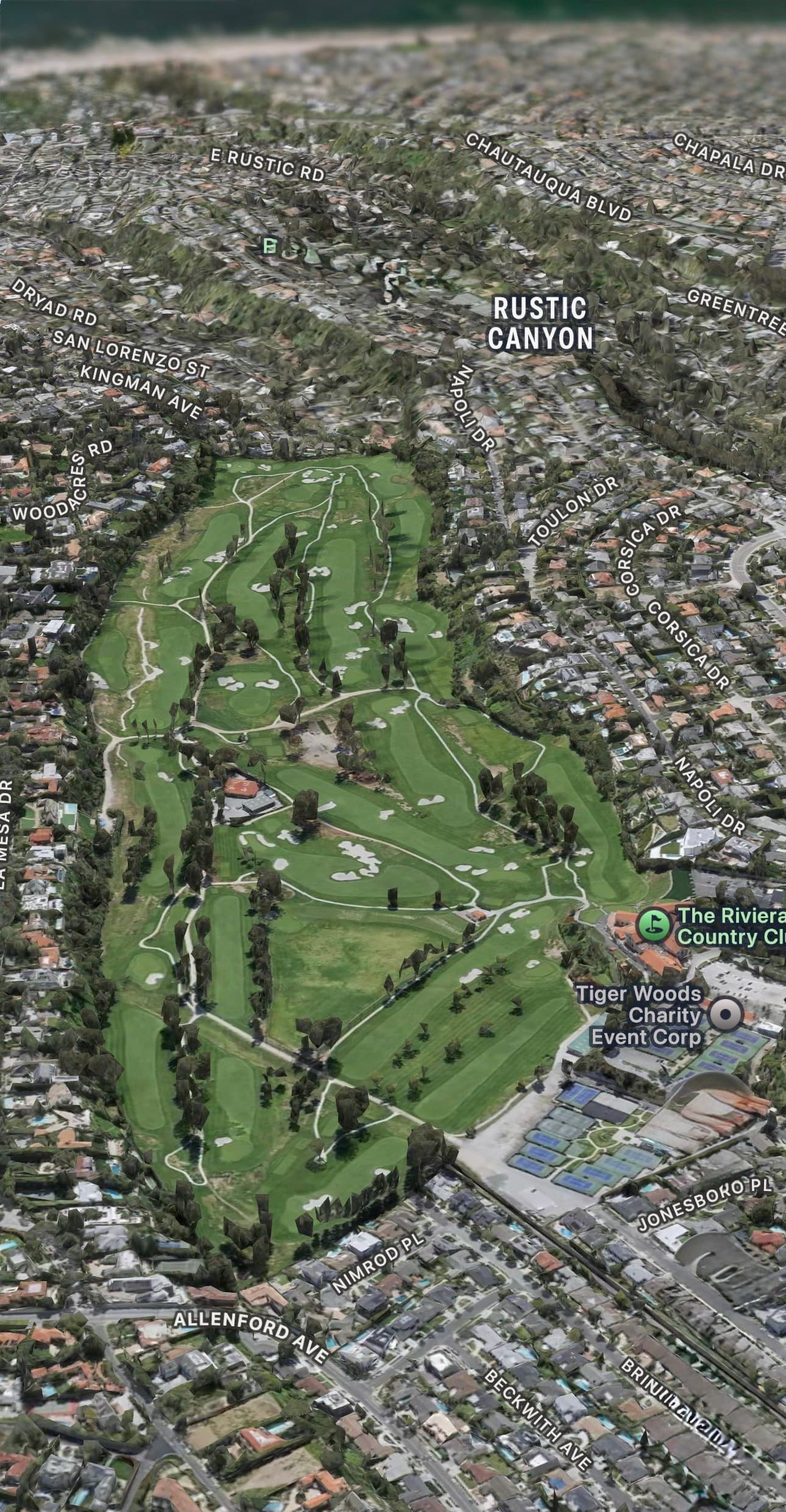 Apple Maps aerial view of The Riviera Country Club, Pacific Palisades, showing fairways and surrounding residential estates
