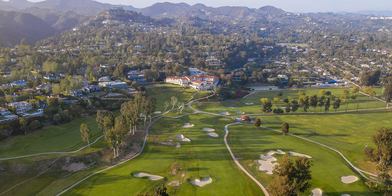 Aerial view of Riviera Country Club and surrounding Pacific Palisades estates